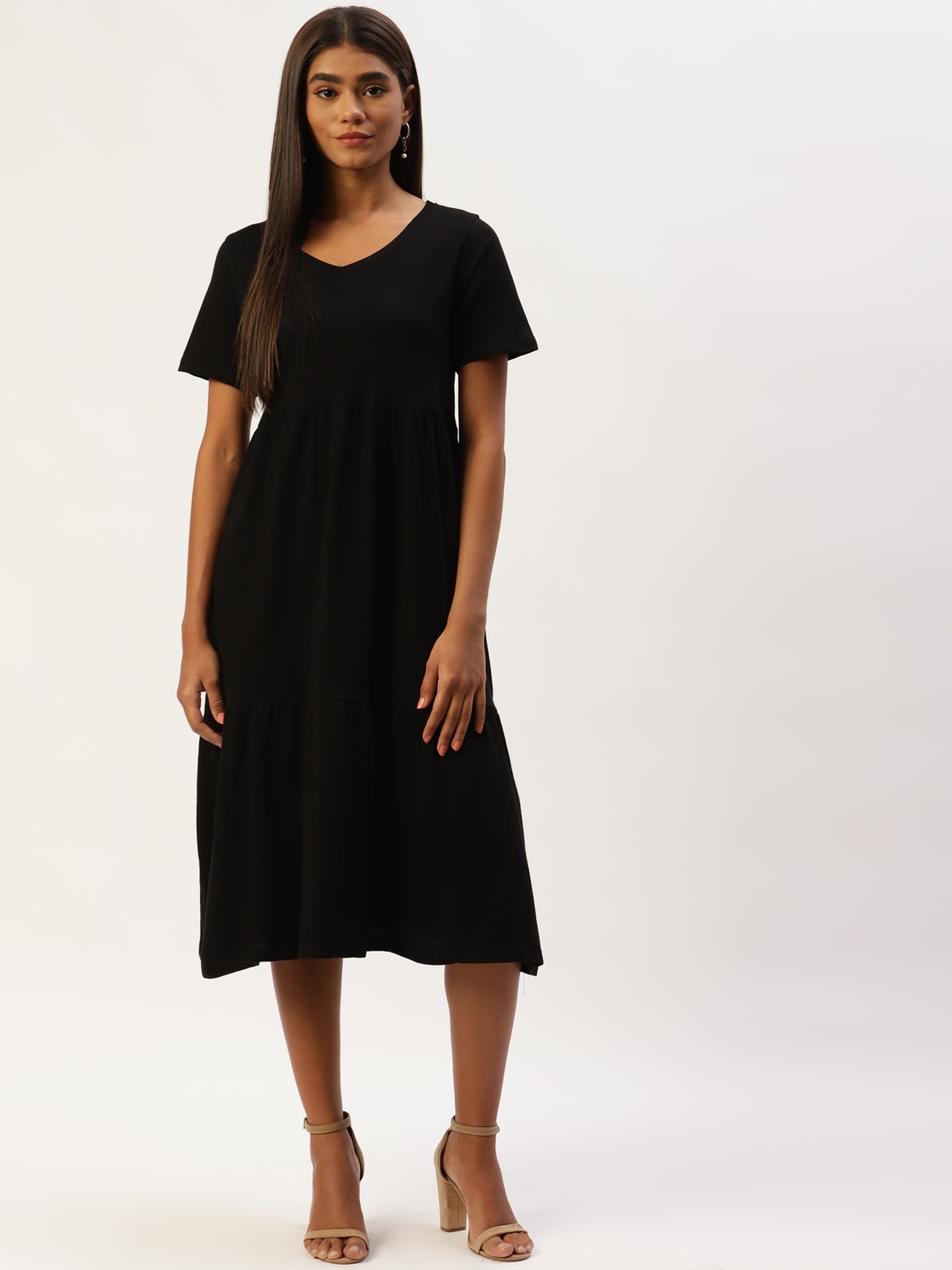 

LC Waikiki Women Black Solid Pure Cotton A-Line Midi Dress