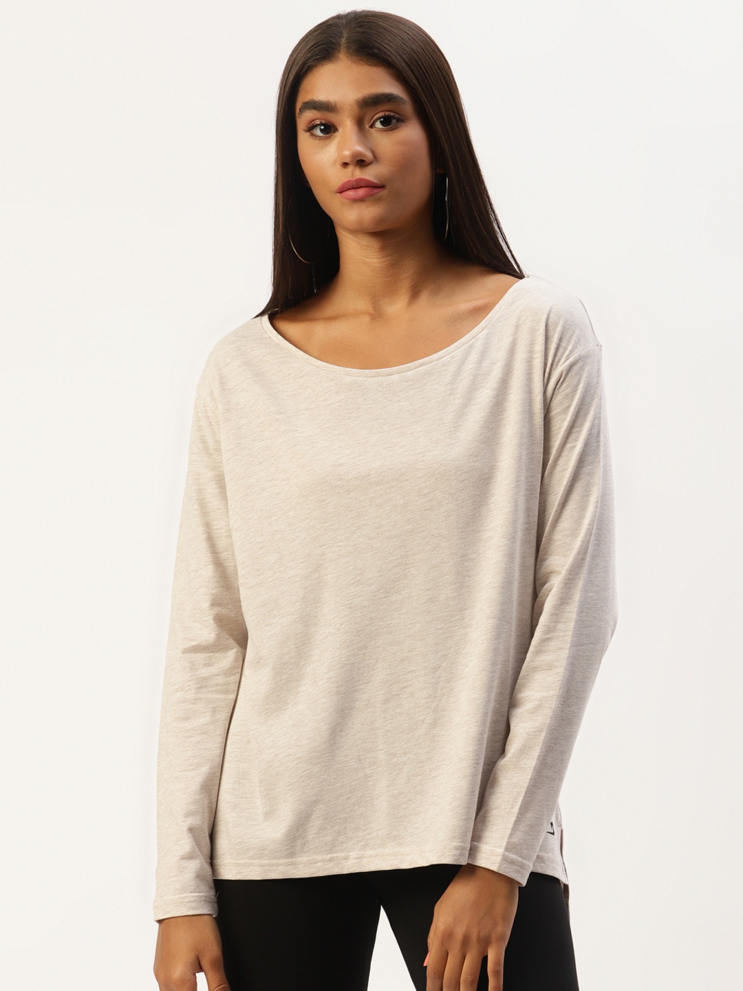 

LC Waikiki Women Beige Solid Drop-Shoulder Sleeves T-shirt
