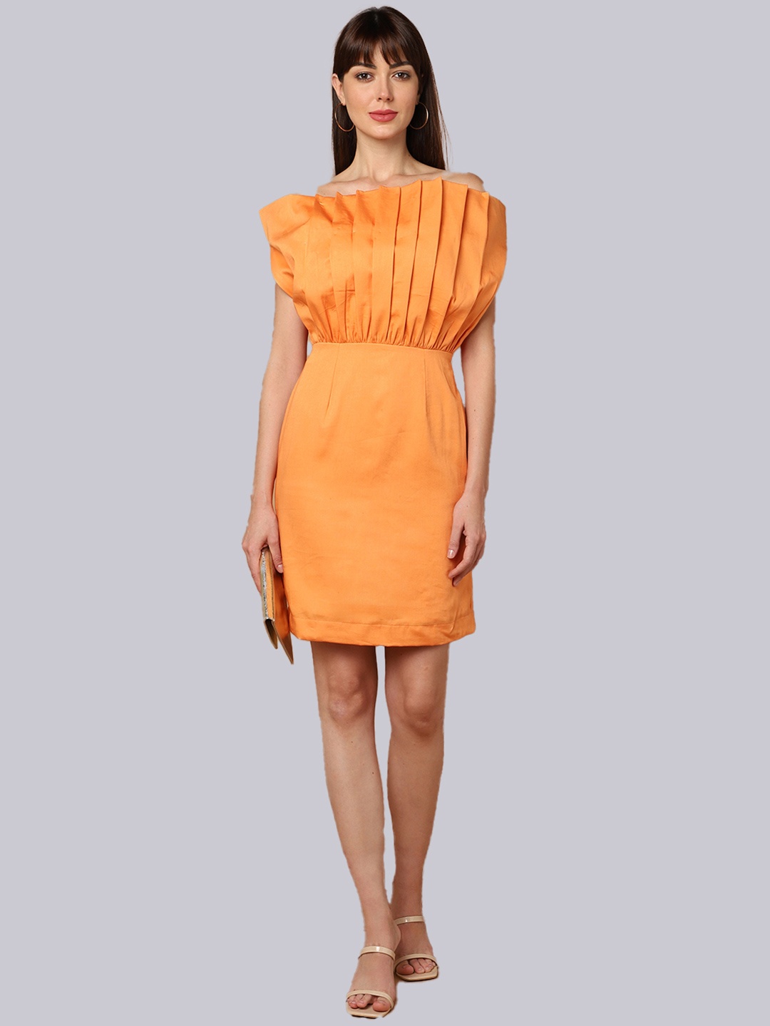 

SHABERRY Orange Pleated Sheath Dress