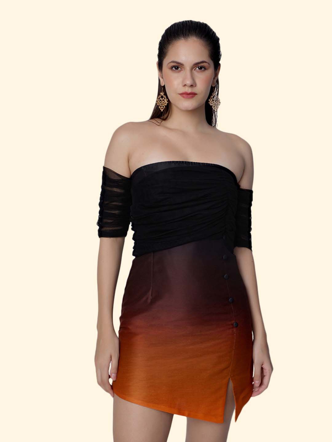 

SHABERRY Orange & Brown Colourblocked Off-Shoulder Bodycon Mini Dress