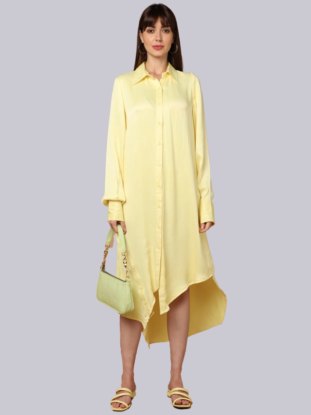 

SHABERRY Yellow Solid Shirt Midi Dress