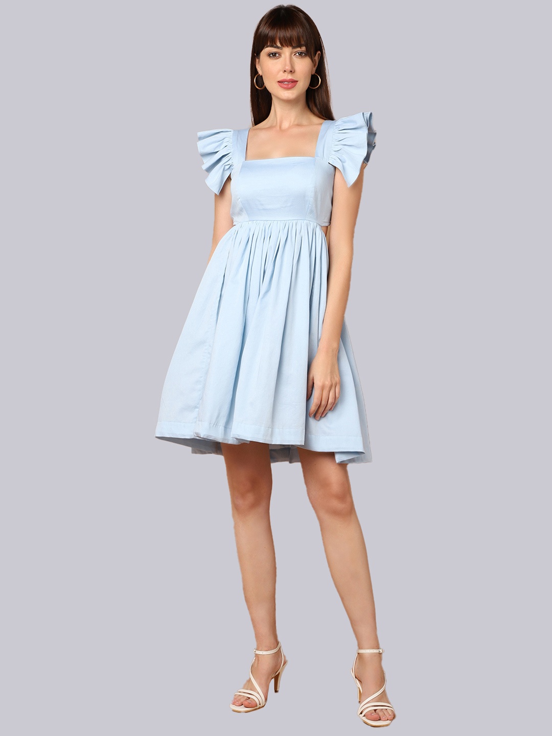 

SHABERRY Women Blue Flutter Sleeves Fit & Flare Dress