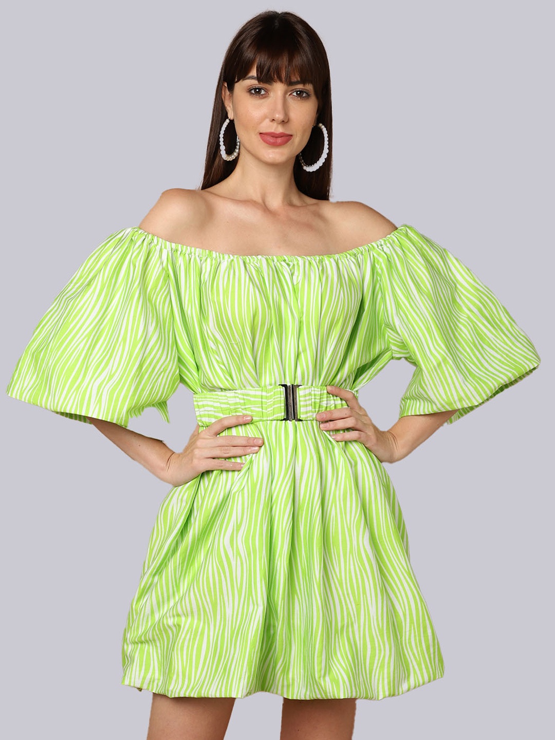 

SHABERRY Green & Wild lime Off-Shoulder Formal Dress