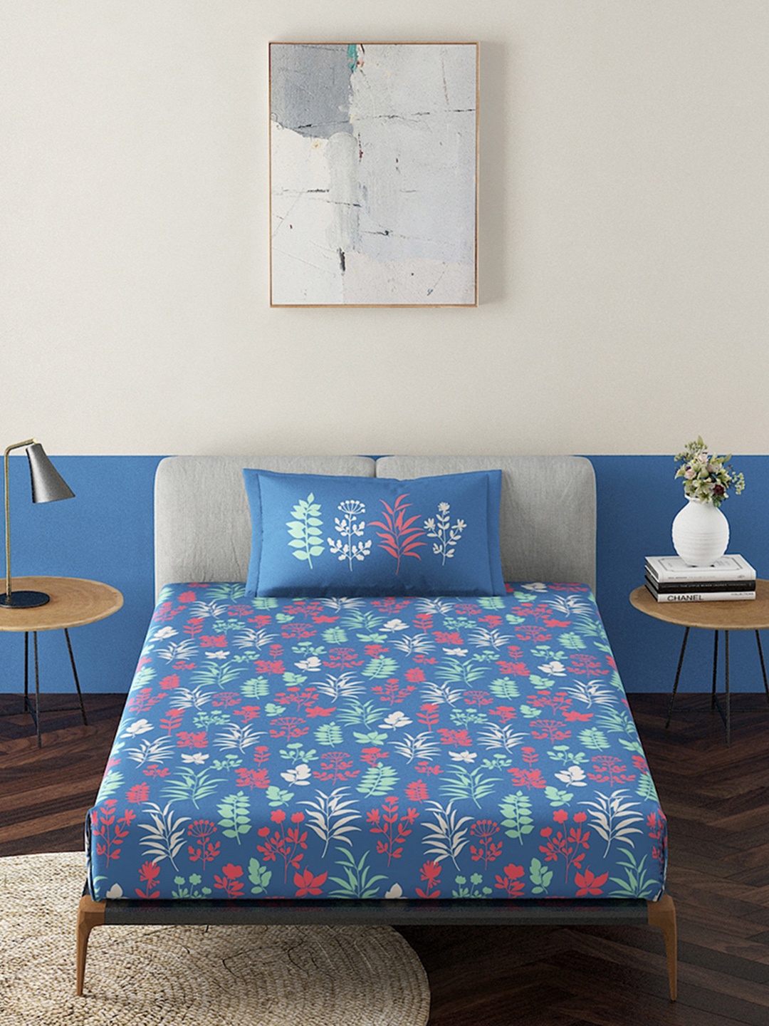 

Duroflex Blue & Red Floral 120 TC Single Bedsheet with 1 Pillow Covers