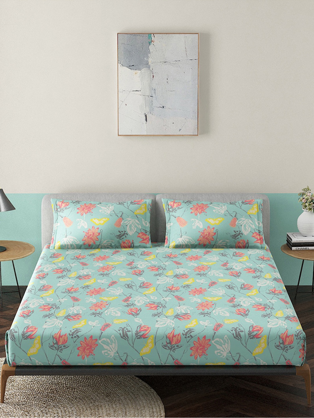 

Duroflex Blue & Yellow Floral 144 TC King Bedsheet with 2 Pillow Covers