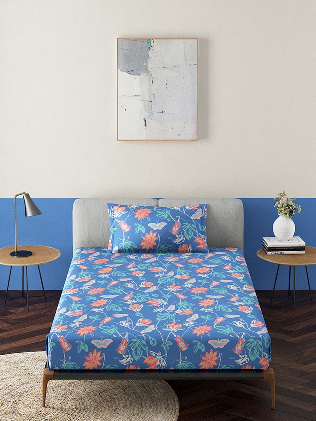

Duroflex Blue & Peach-Coloured Floral 144 TC Single Bedsheet with 1 Pillow Covers