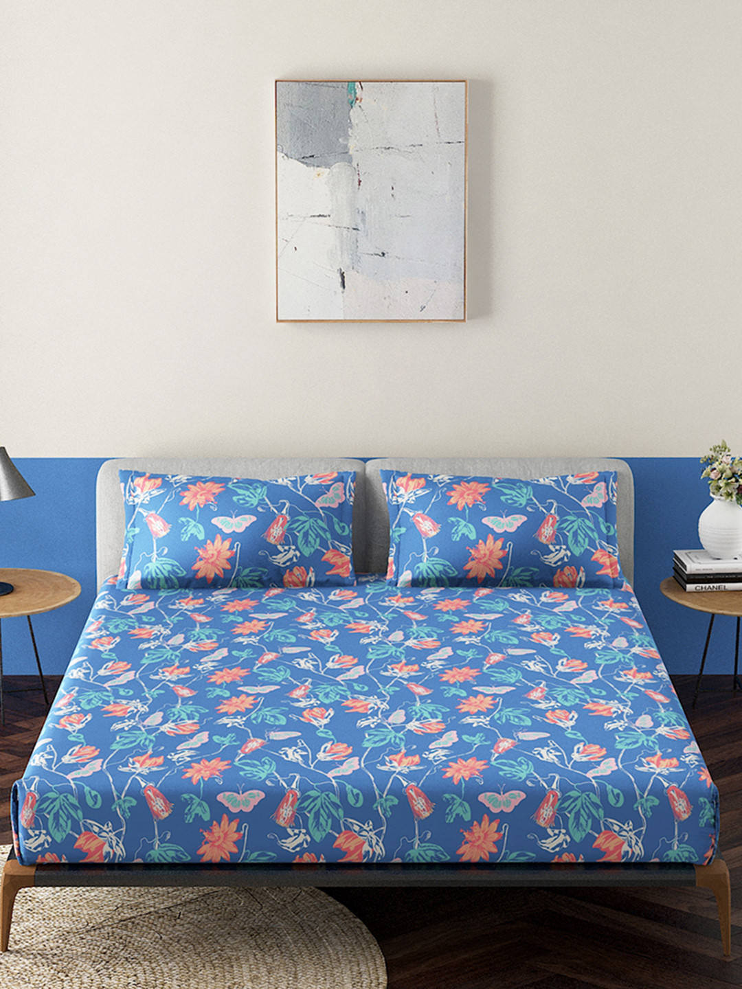 

Duroflex Blue & Pink Floral 144 TC King Bedsheet with 2 Pillow Covers