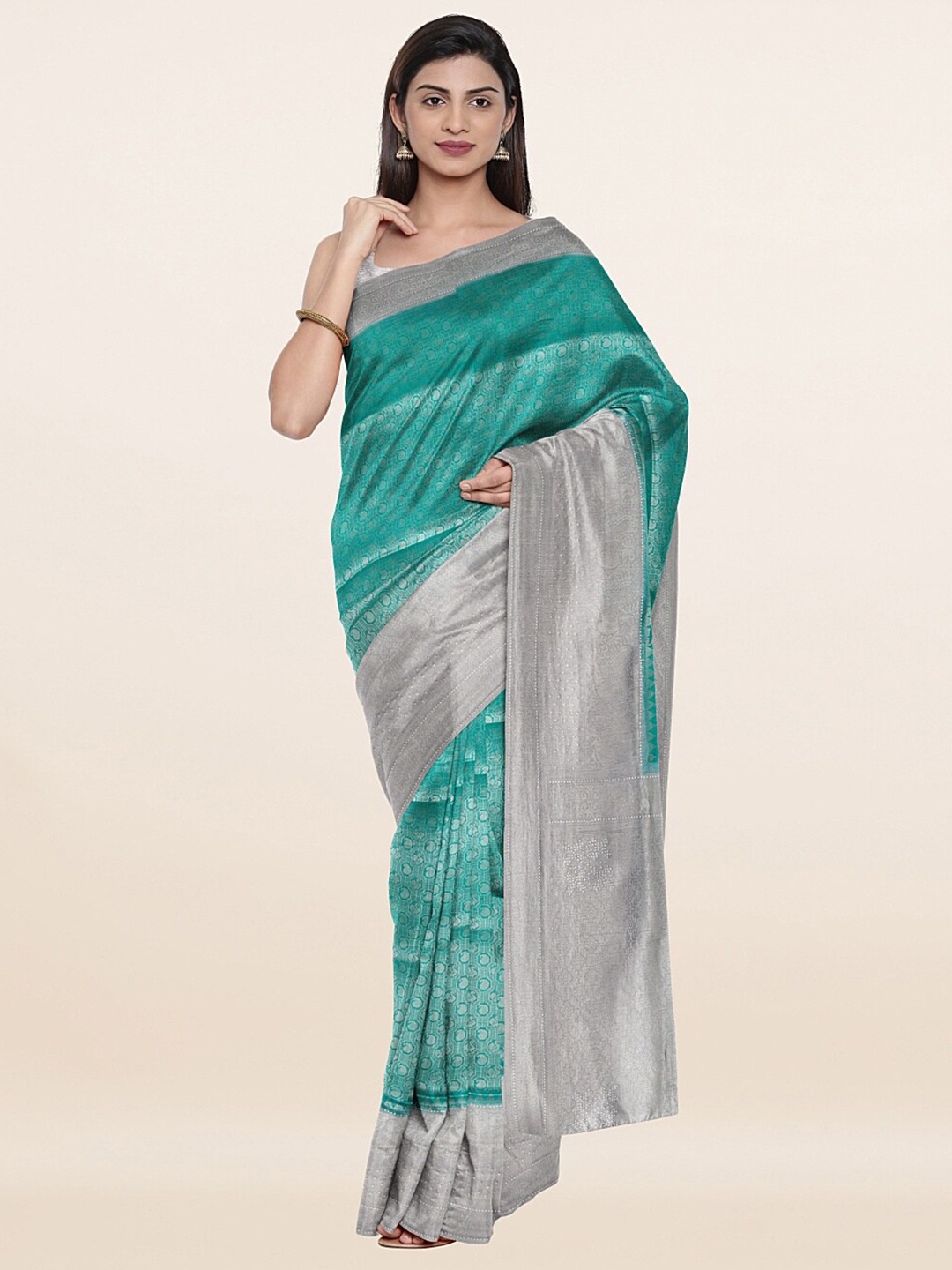 

Pothys Green & Silver-Toned Paisley Beads and Stones Art Silk Saree