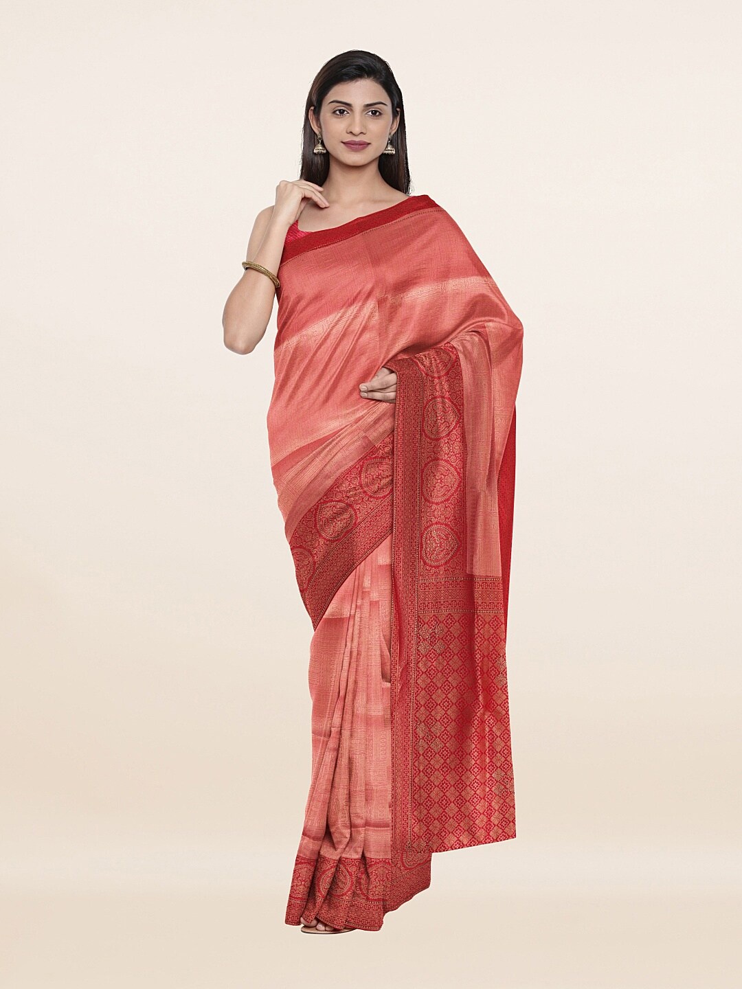 

Pothys Peach-Coloured & Gold-Toned Woven Design Zari Art Silk Saree
