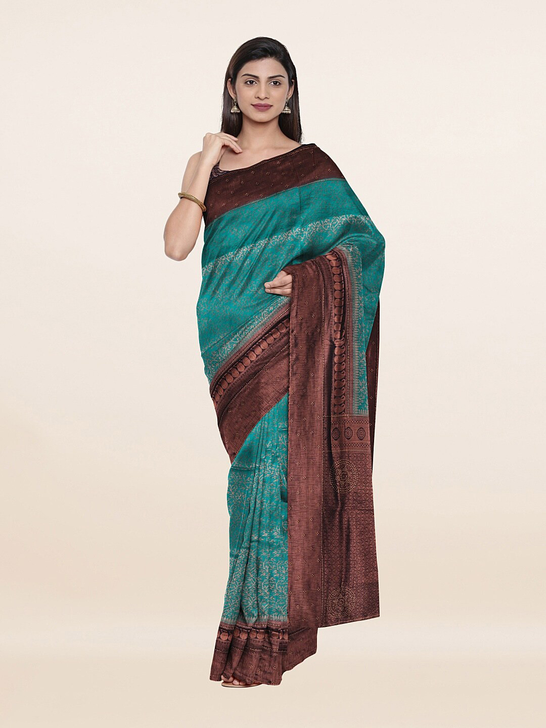 

Pothys Women Green & Gold-Toned Woven Design Zari Art Silk Saree