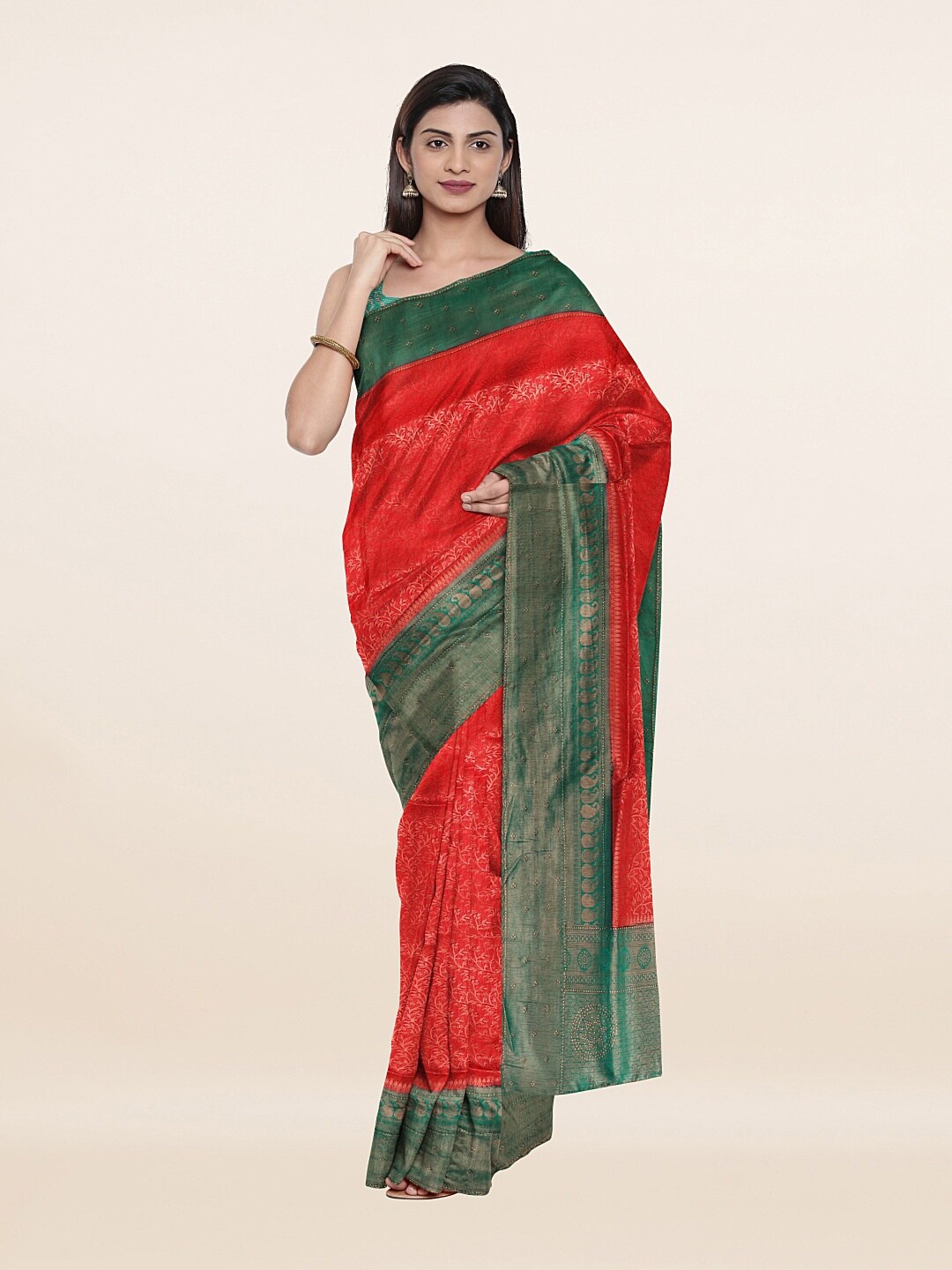 

Pothys Pink & Green Ethnic Motifs Zari Art Silk Saree