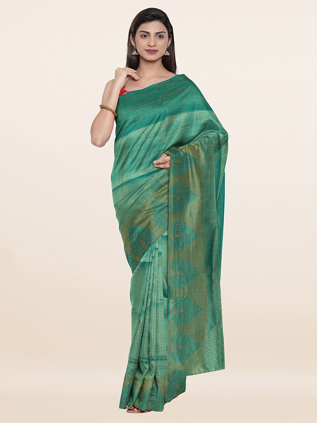 

Pothys Green & Red Woven Design Beads and Stones Art Silk Saree