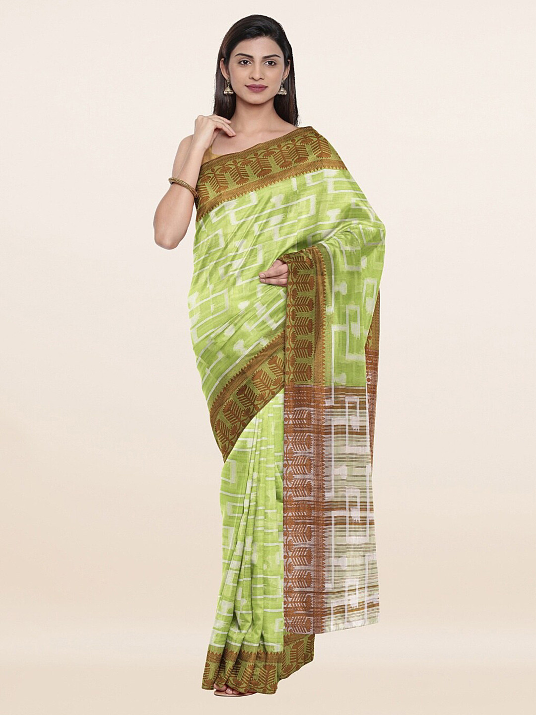

Pothys Green & Brown Woven Design Cotton Blend Zari Saree