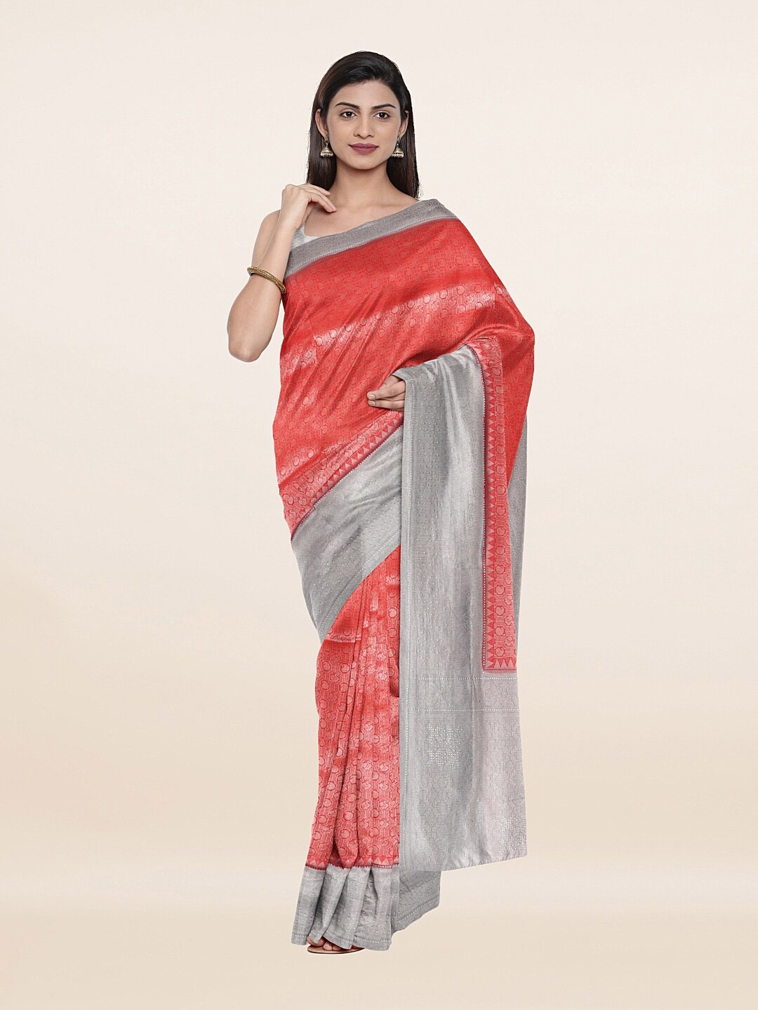 

Pothys Pink & Grey Floral Zari Art Silk Saree