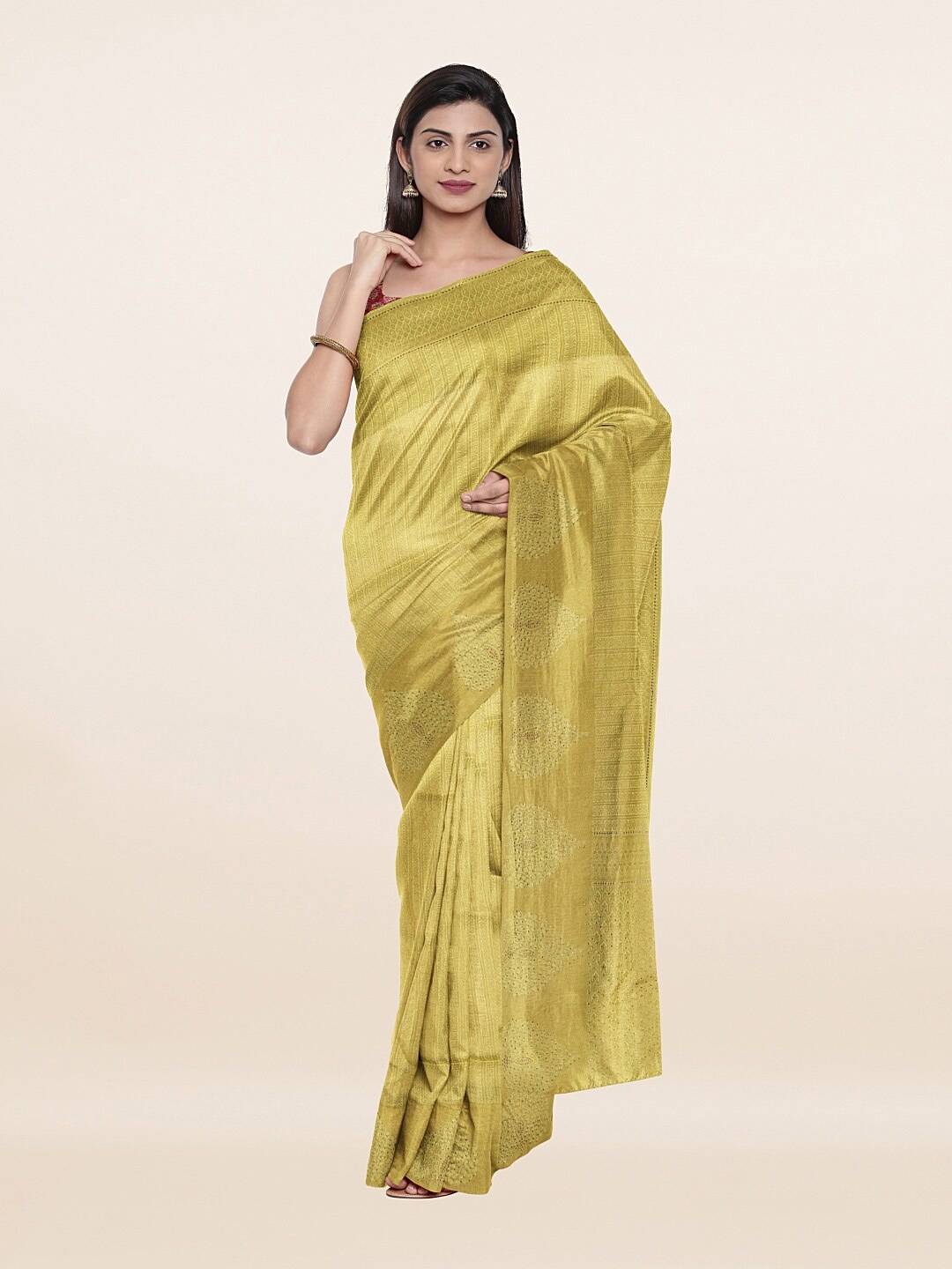 

Pothys Women Lime Green & Brown Woven Design Zari Art Silk Saree