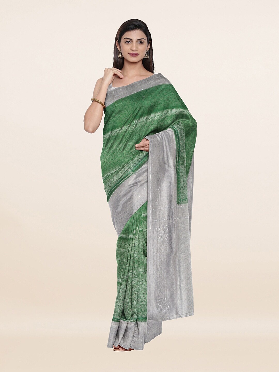 

Pothys Green & Silver-Toned Paisley Zari Art Silk Saree