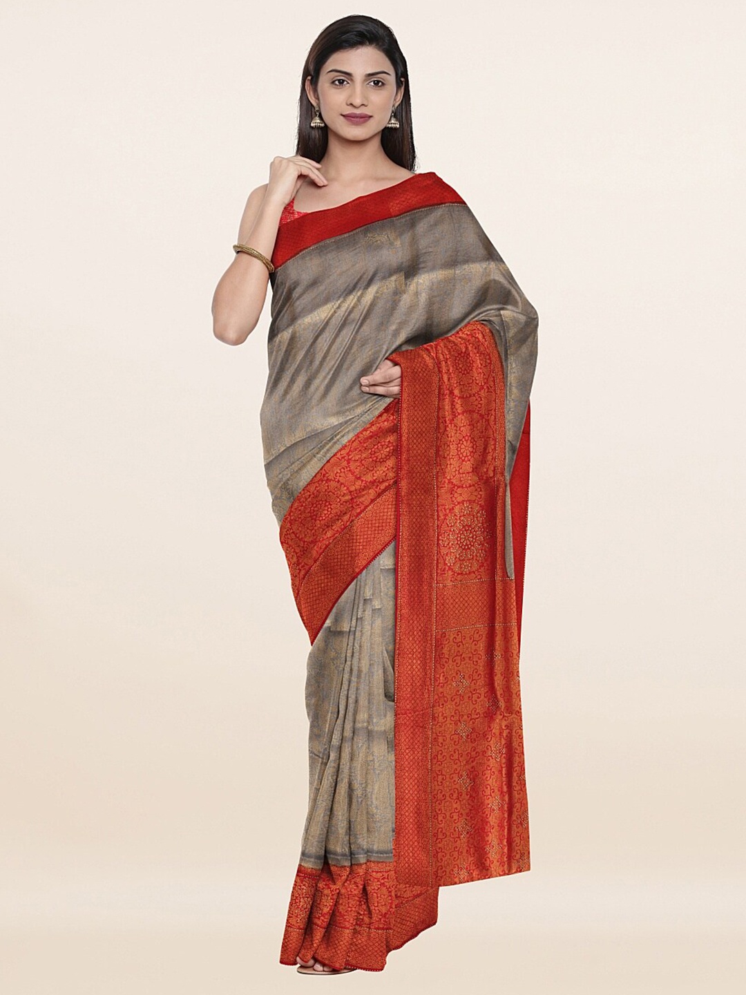 

Pothys Grey & Red Ethnic Motifs Art Silk Saree