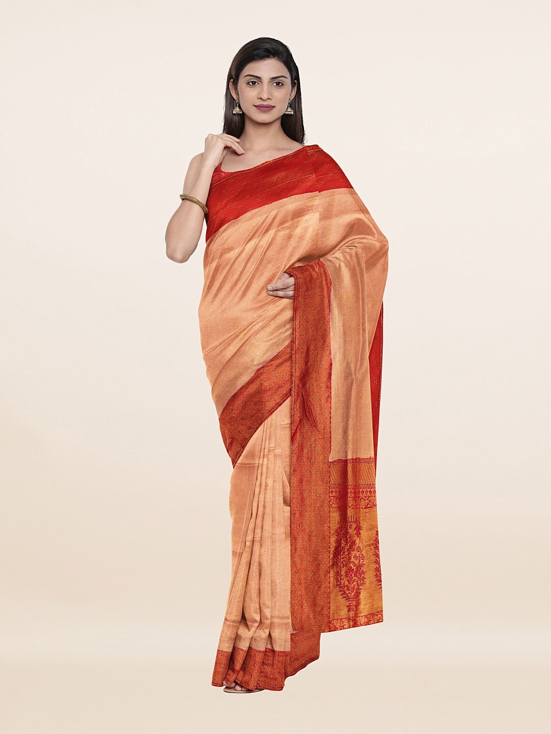 

Pothys Beige & Red Woven Design Zari Art Silk Saree