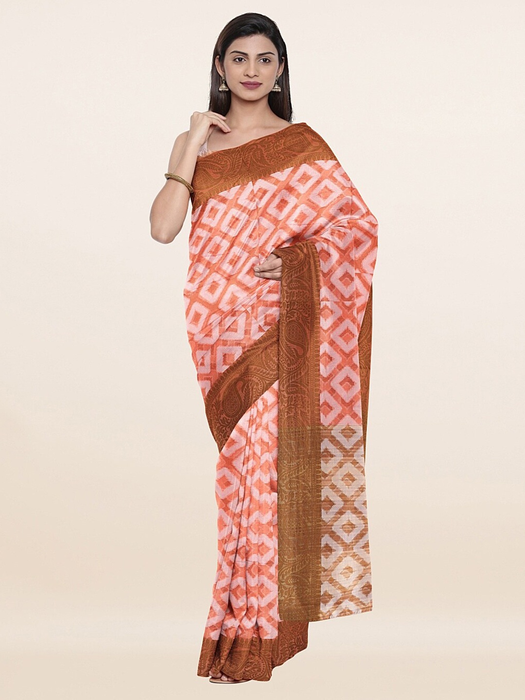 

Pothys Peach-Coloured & Brown Woven Design Zari Saree
