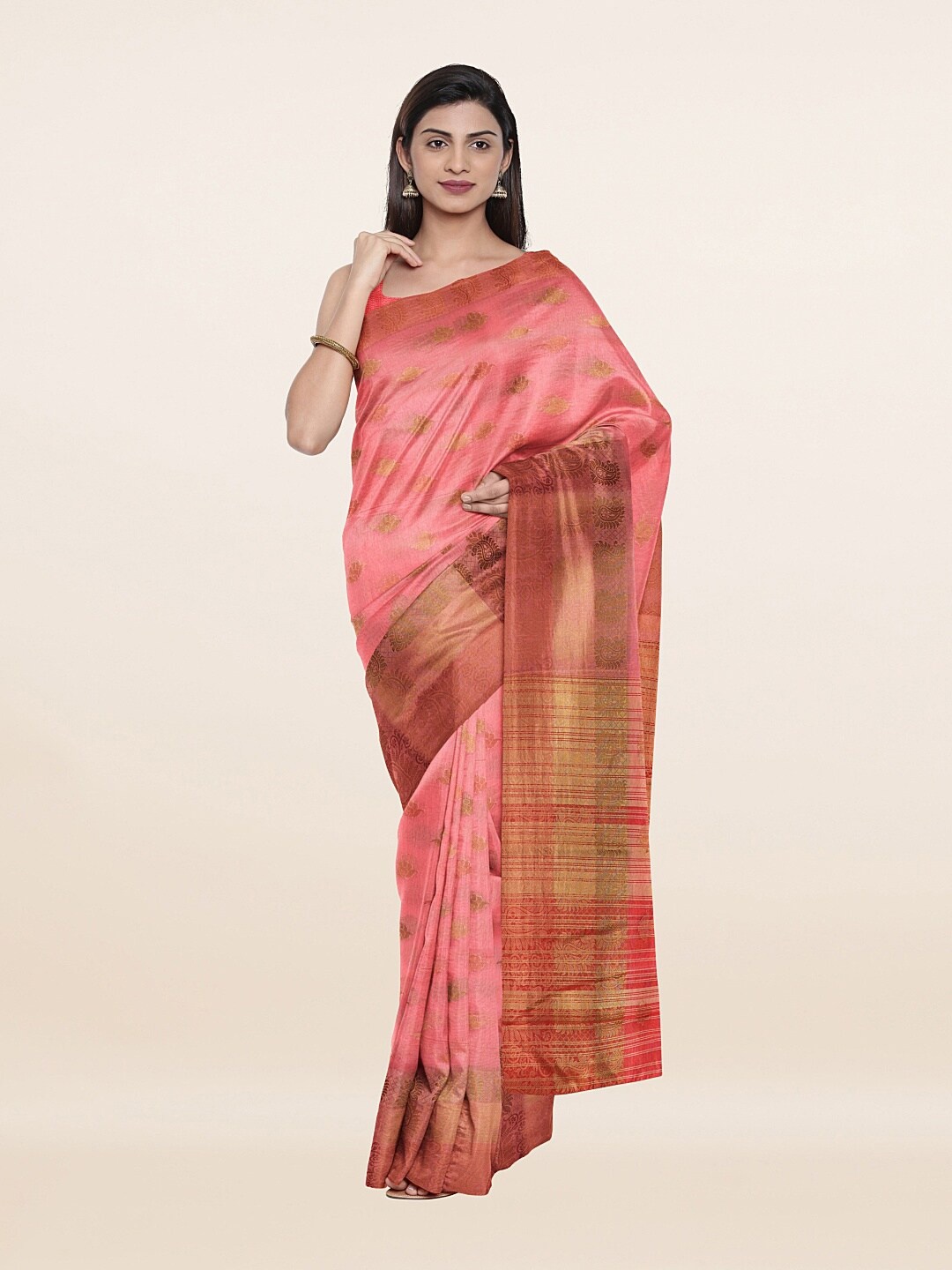 

Pothys Peach-Coloured & Gold-Toned Woven Design Zari Saree