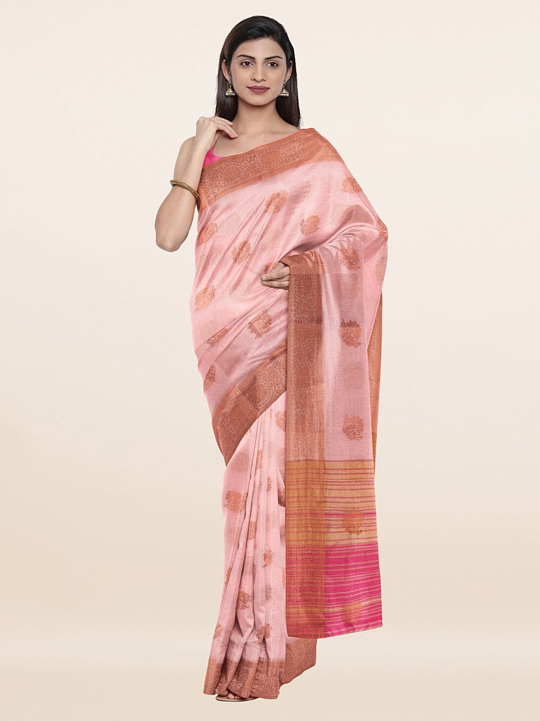 

Pothys Pink & Gold-Toned Cotton Blend Woven Design Zari Saree