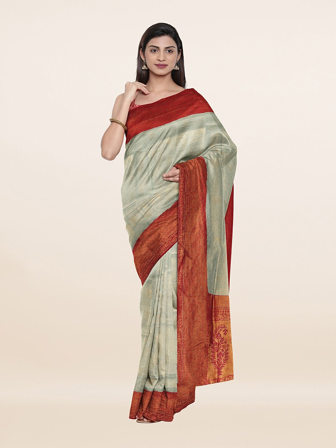 

Pothys Grey & Rust Floral Zari Art Silk Saree