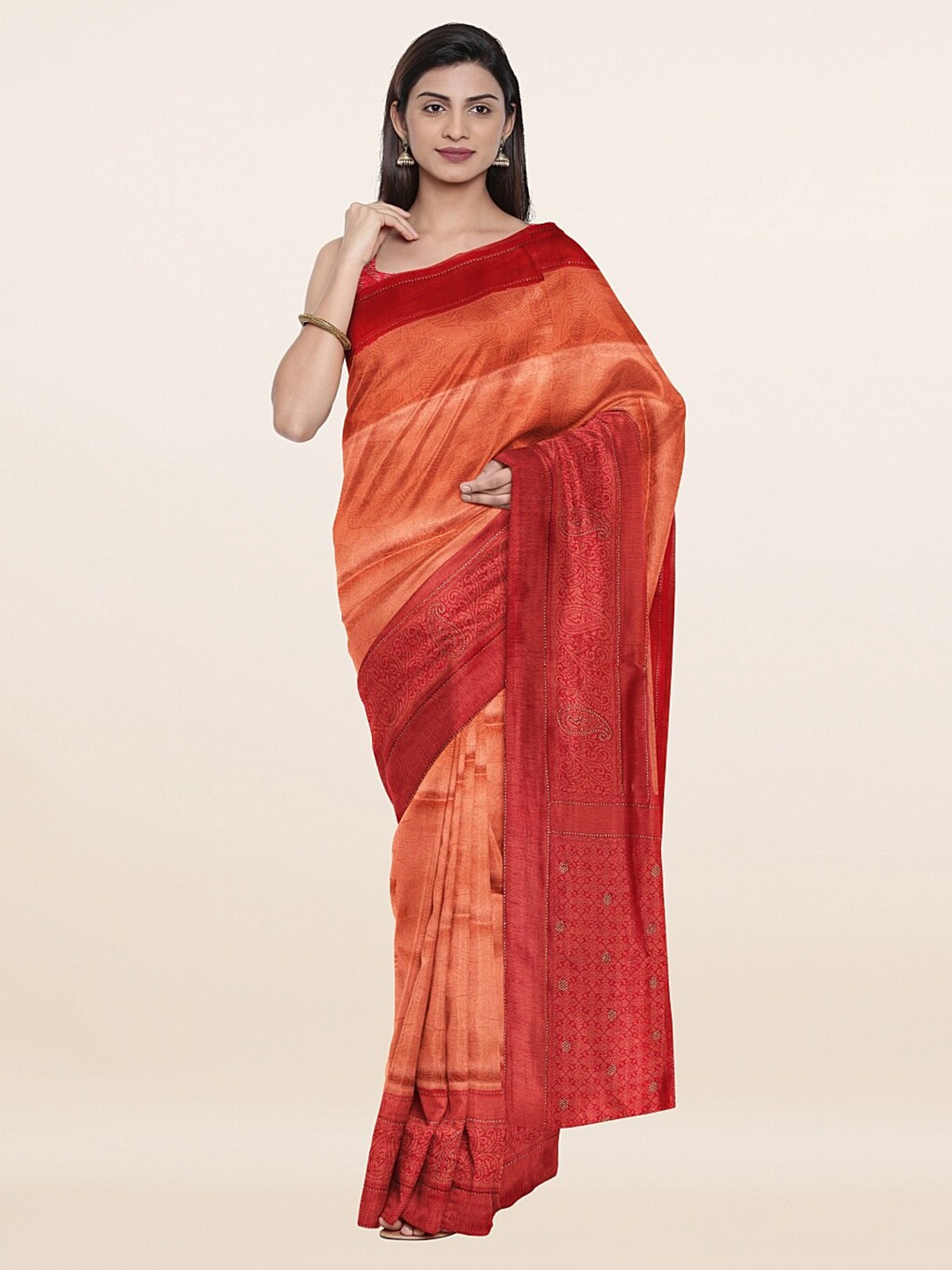 

Pothys Peach-Coloured & Red Ethnic Motifs Zari Art Silk Saree