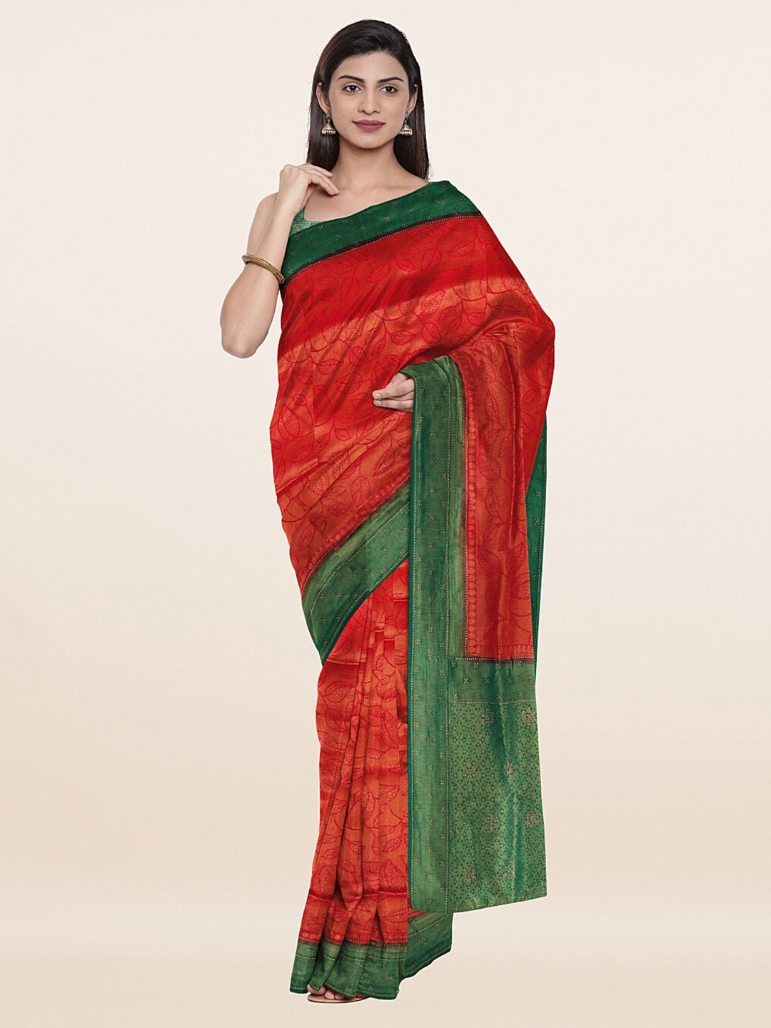 

Pothys Pink & Green Floral Zari Art Silk Saree