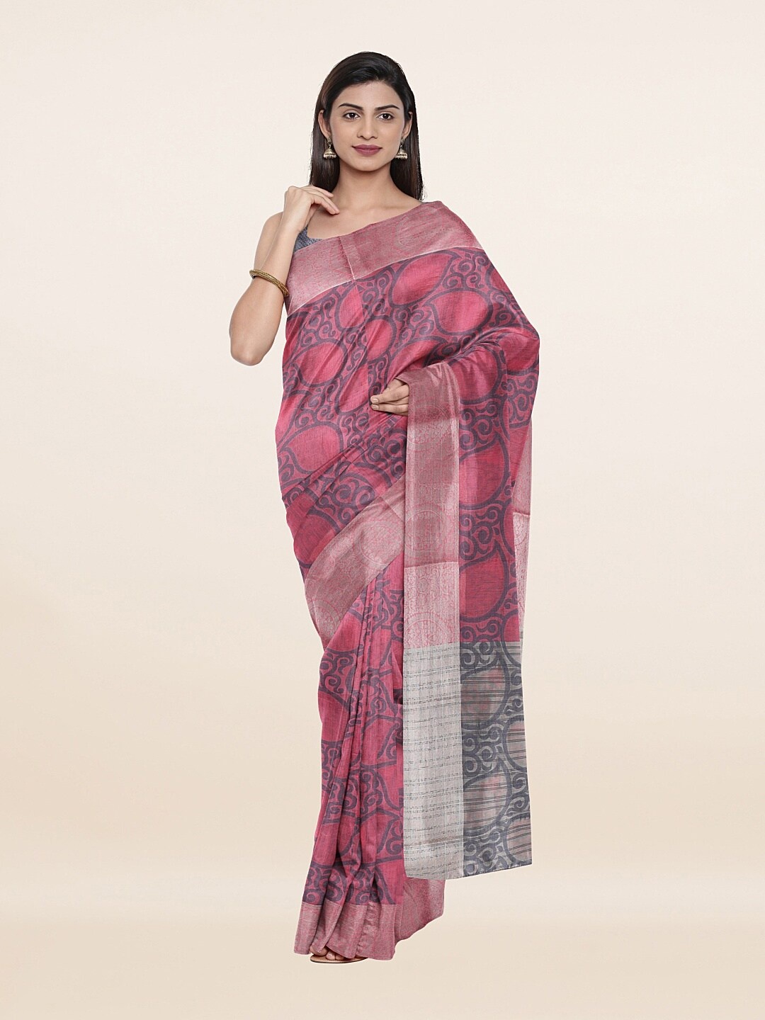 

Pothys Pink & Grey Woven Design Zari Saree