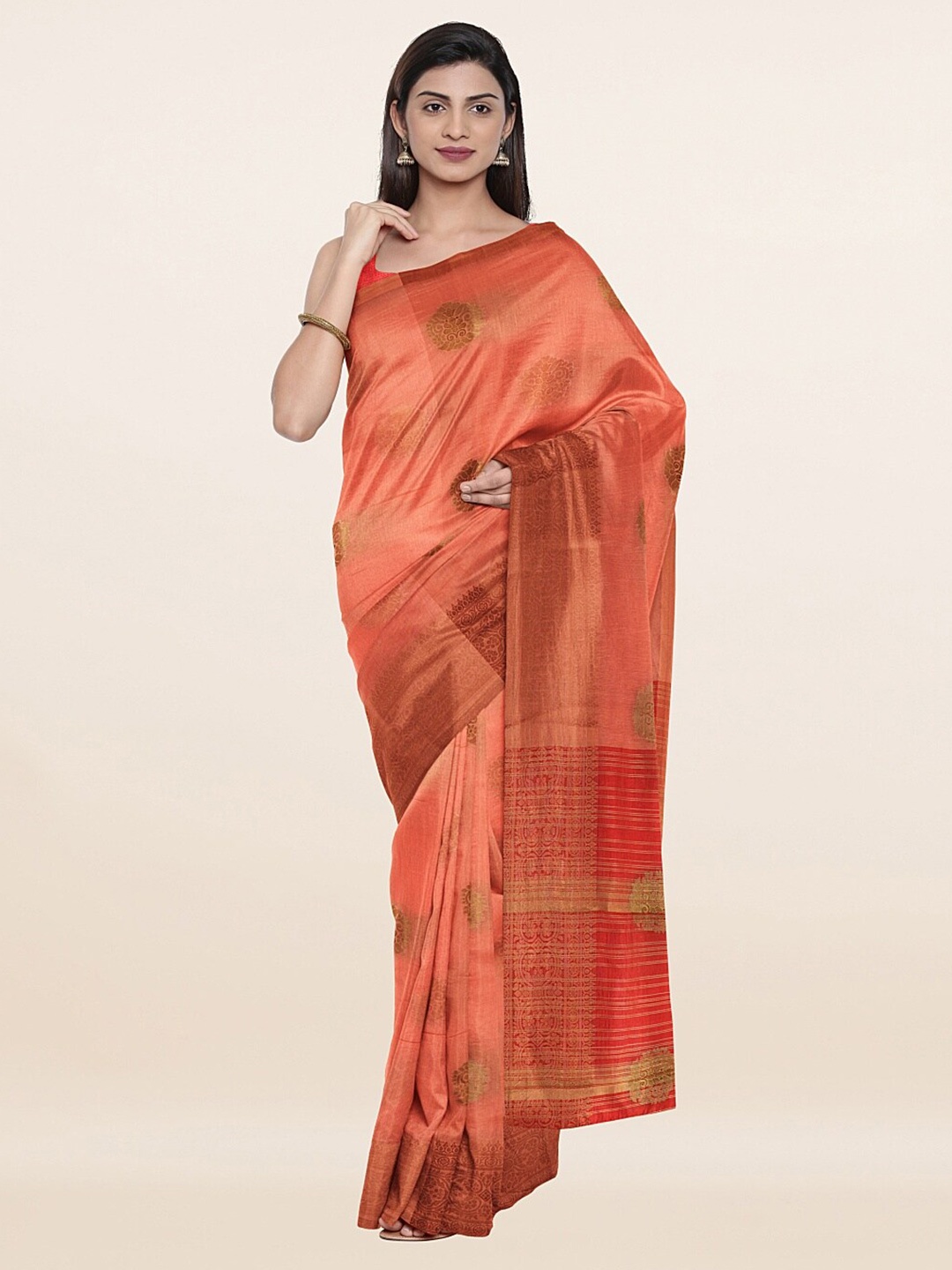 

Pothys Peach-Coloured & Gold-Toned Ethnic Motifs Zari Saree