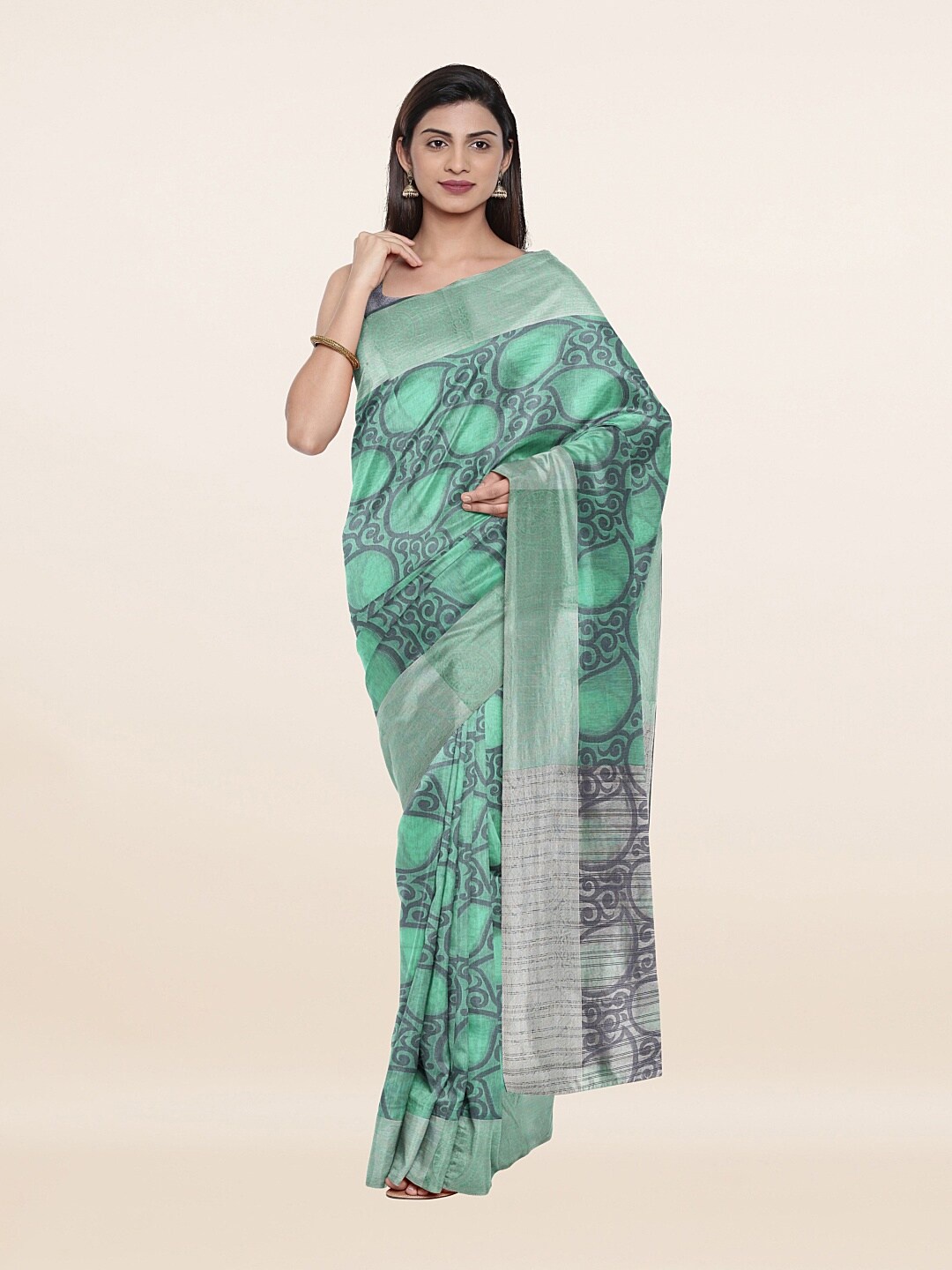 

Pothys Green & Silver-Toned Woven Design Zari Saree