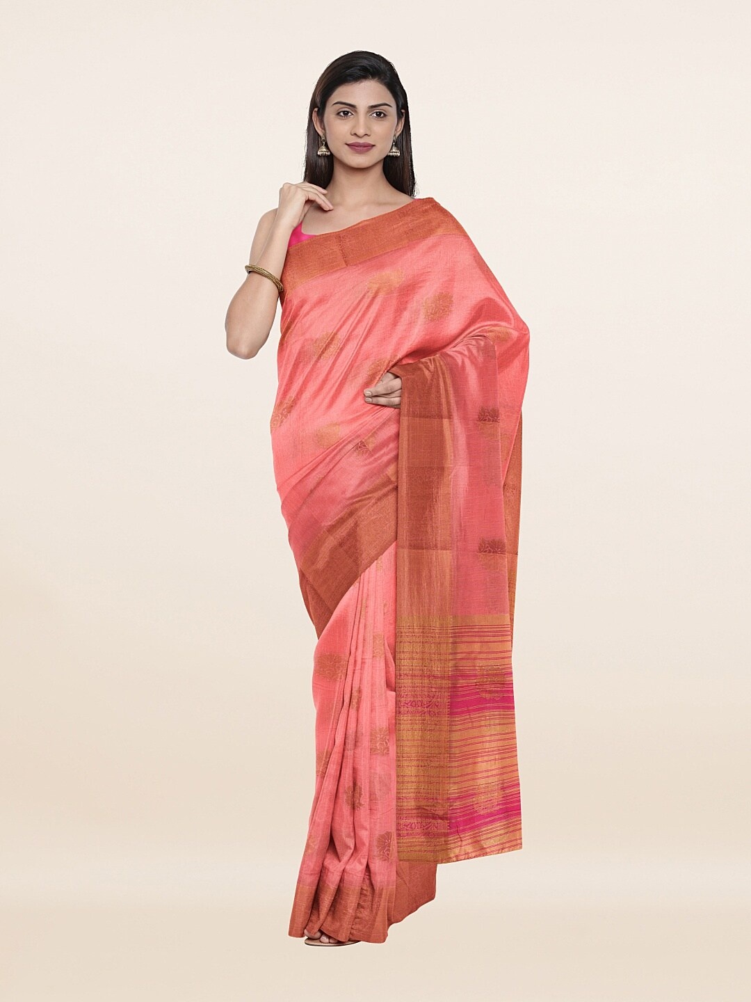 

Pothys Peach-Coloured & Pink Woven Design Cotton Blend Zari Saree