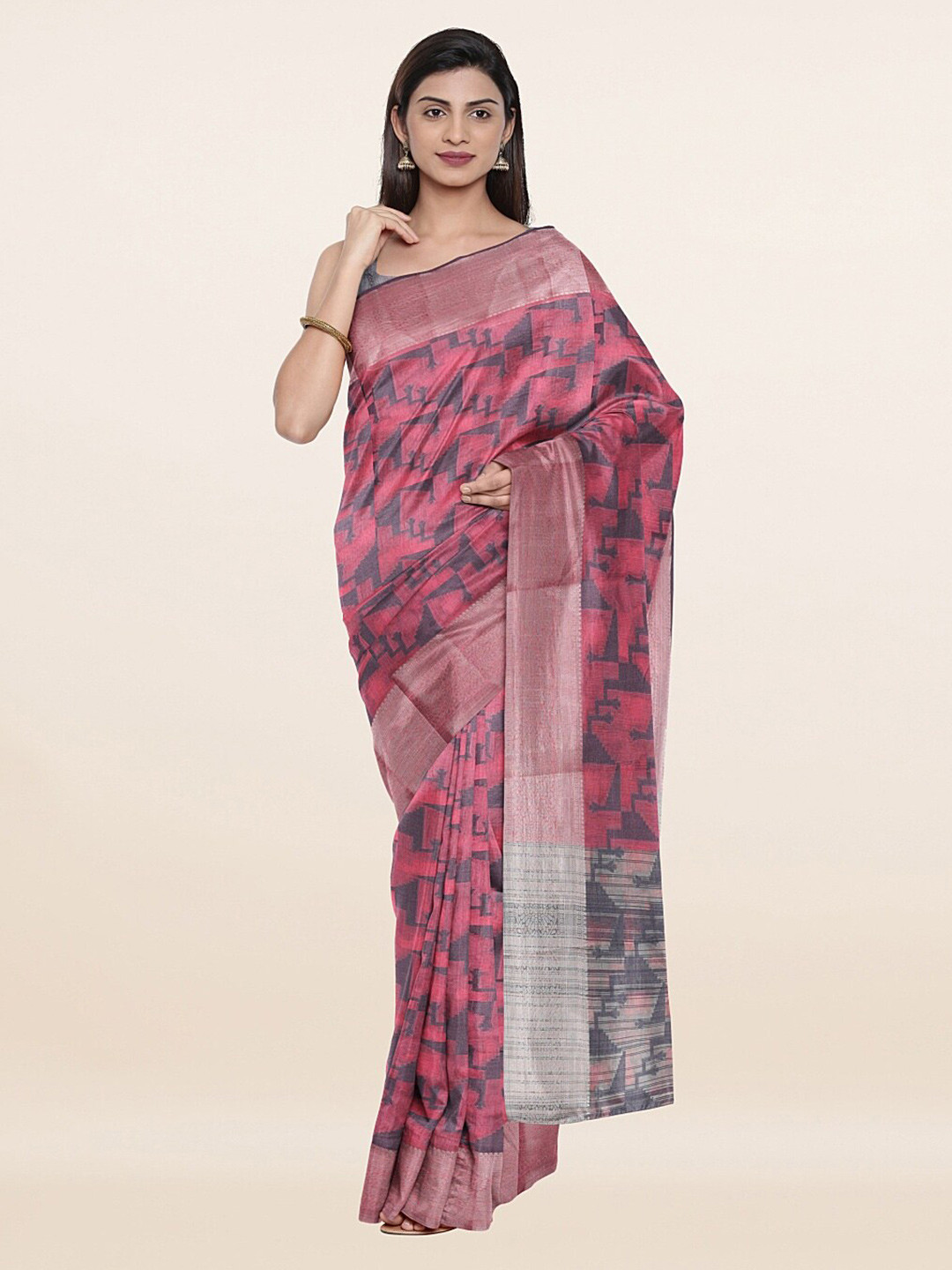 

Pothys Pink & Silver-Toned Woven Design Zari Saree