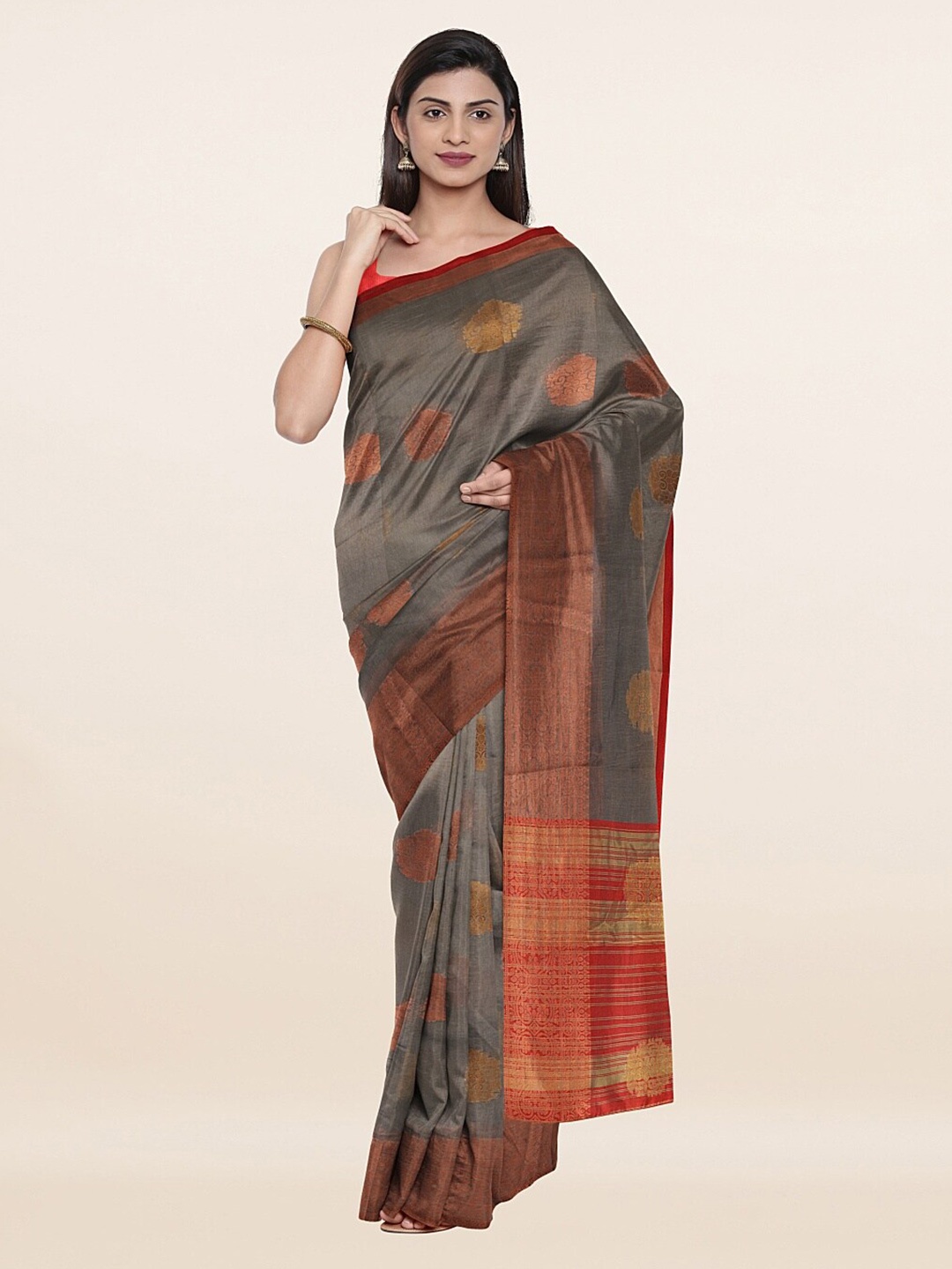 

Pothys Grey & Gold-Toned Woven Design Zari Saree
