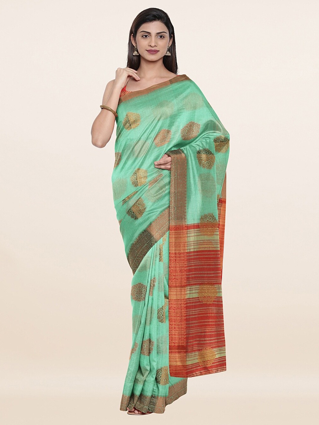 

Pothys Green & Gold-Toned Ethnic Motifs Zari Saree