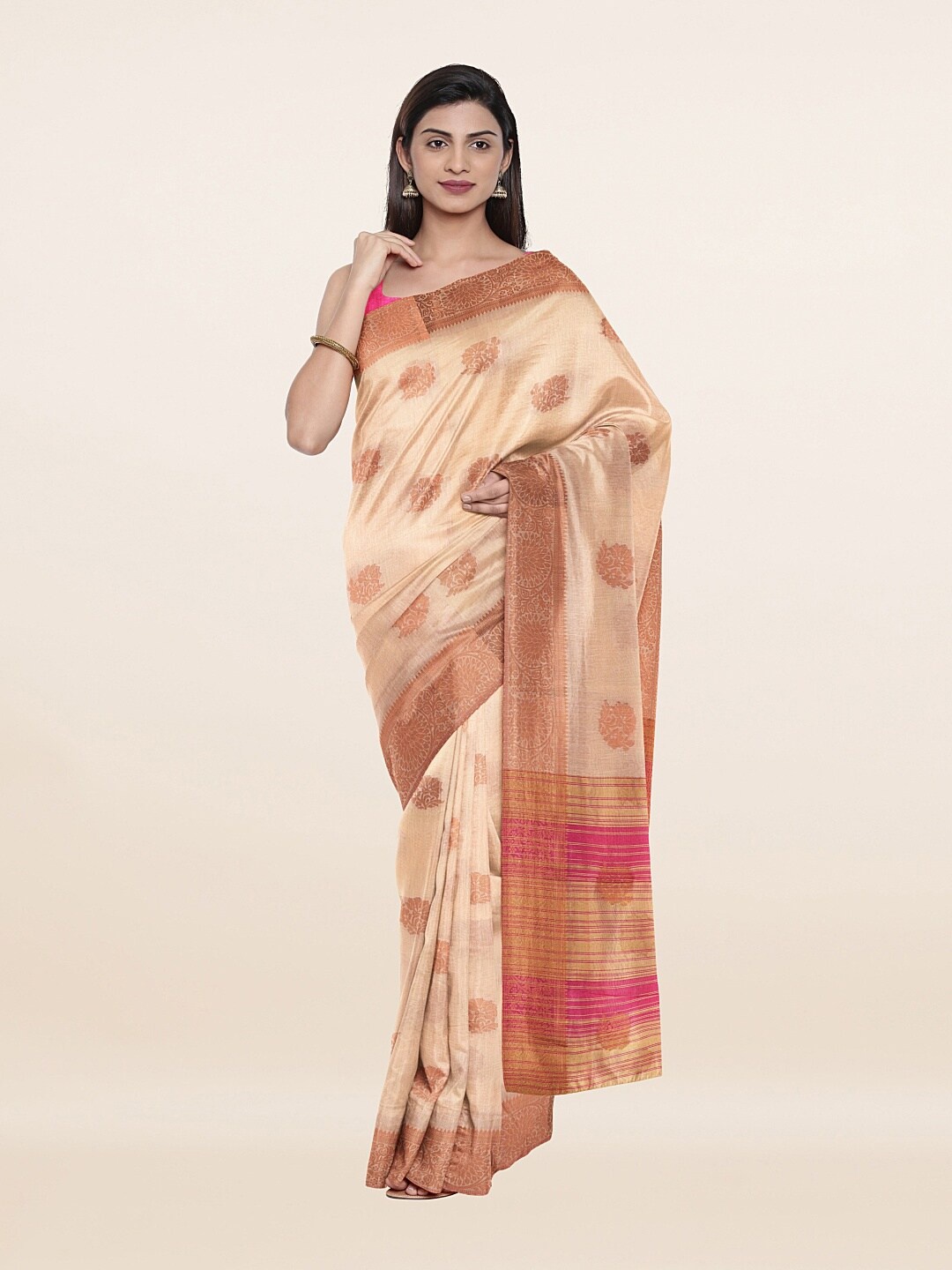 

Pothys Cream-Coloured & Pink Woven Design Zari Saree