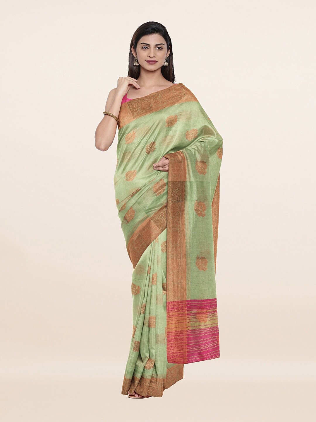 

Pothys Green & Gold-Toned Woven Design Cotton Blend Zari Saree