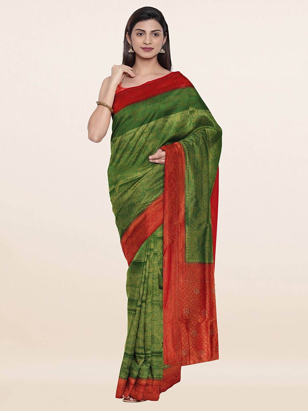 

Pothys Green & Pink Floral Beads and Stones Art Silk Saree