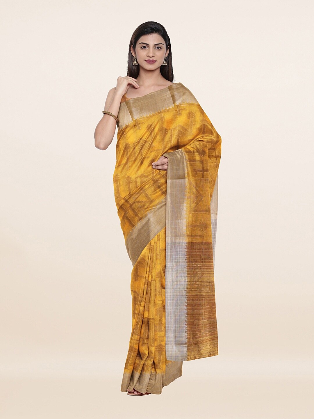 

Pothys Mustard & Gold-Toned Woven Design Saree