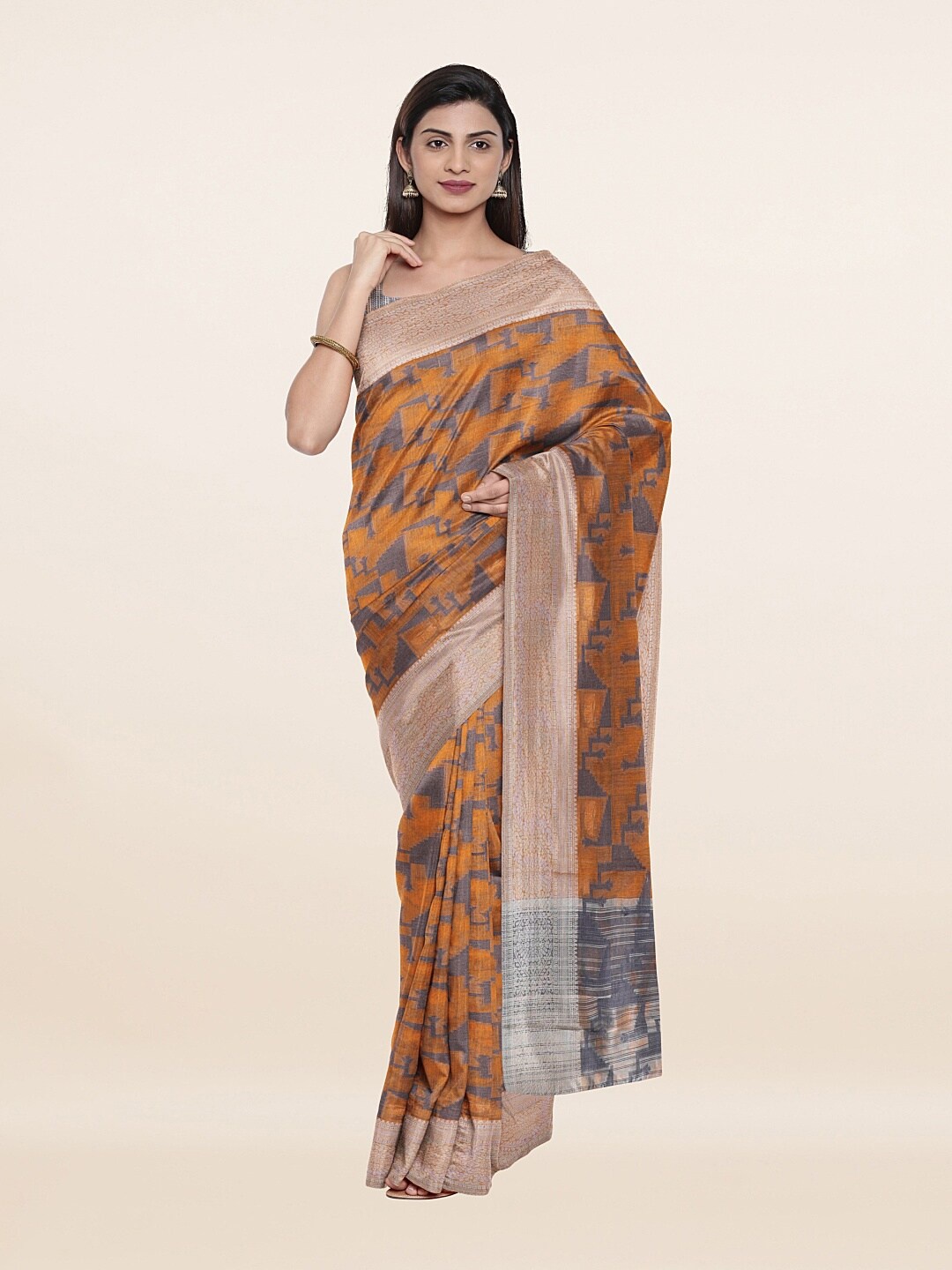 

Pothys Orange & Silver-Toned Cotton Blend Zari Saree