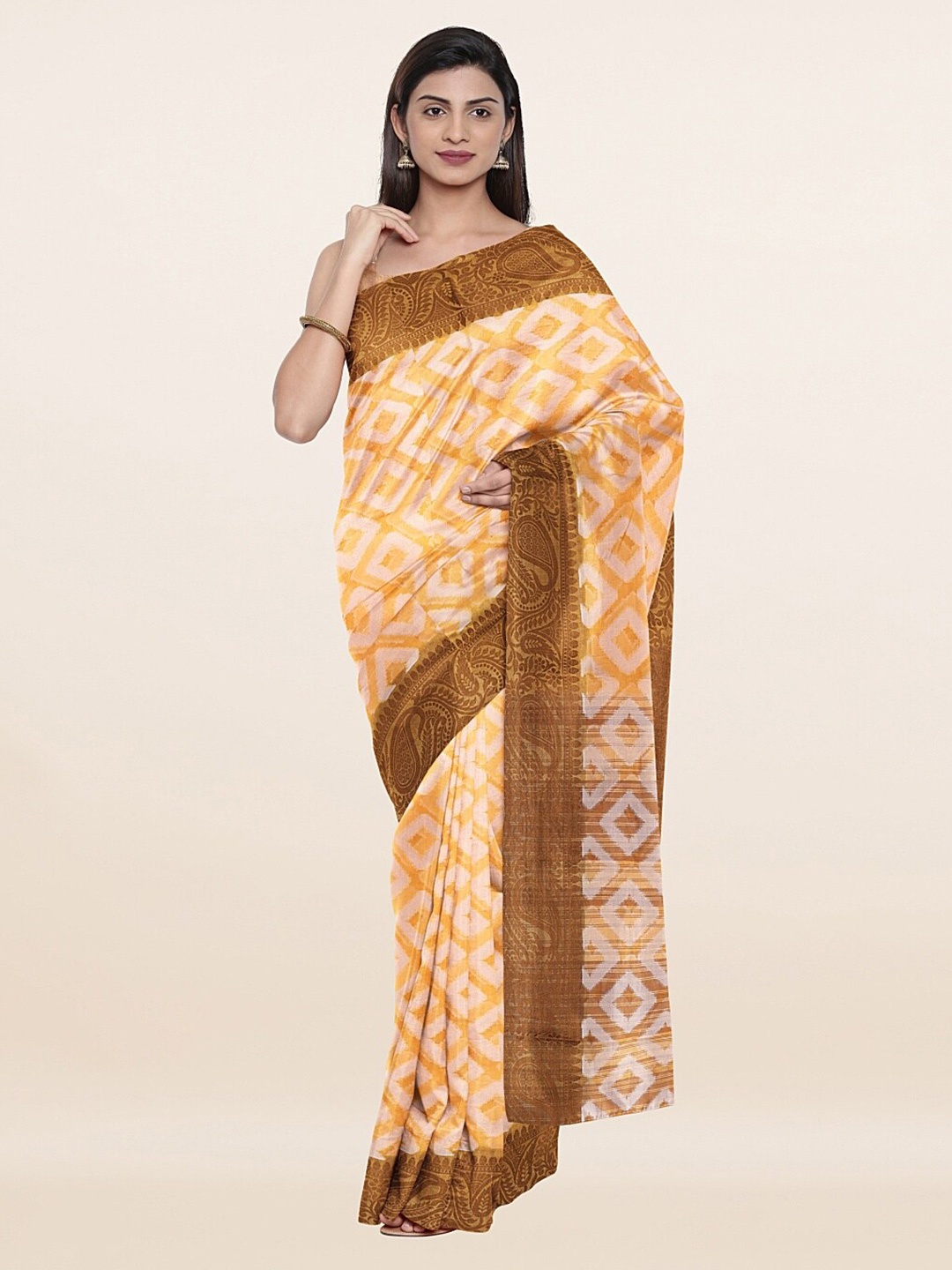 

Pothys Yellow & Brown Woven Design Cotton Blend Zari Saree