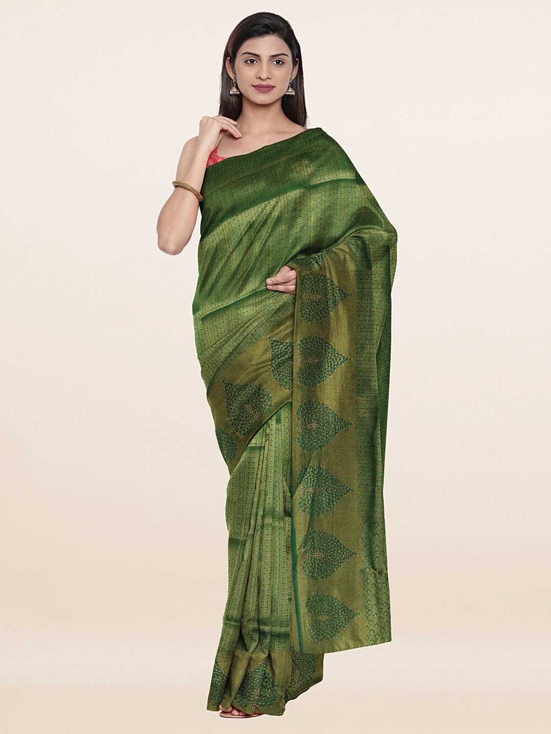 

Pothys Green Woven Design Beads and Stones Art Silk Saree
