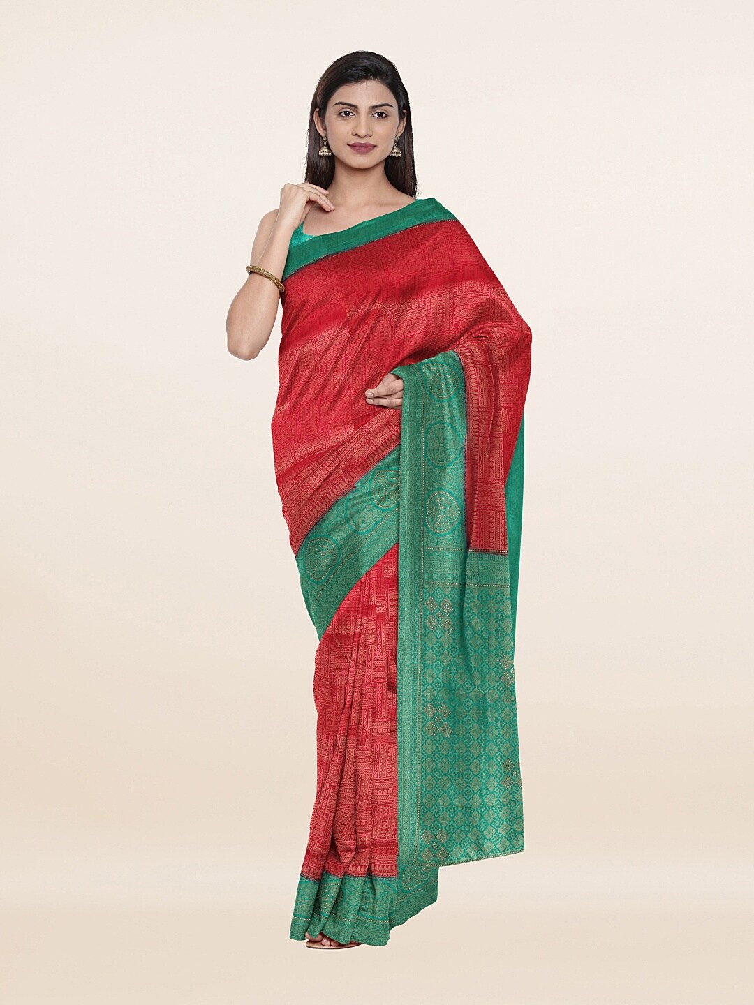 

Pothys Pink & Blue Woven Design Beads and Stones Art Silk Saree