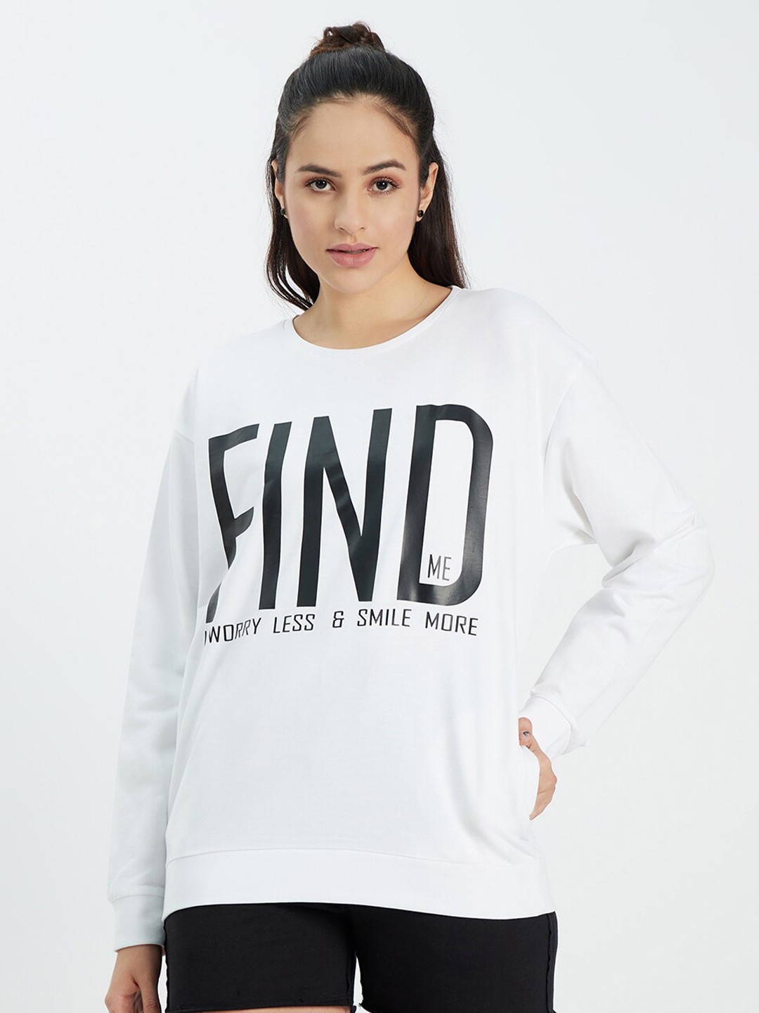 

EDRIO Women White Printed Sweatshirt