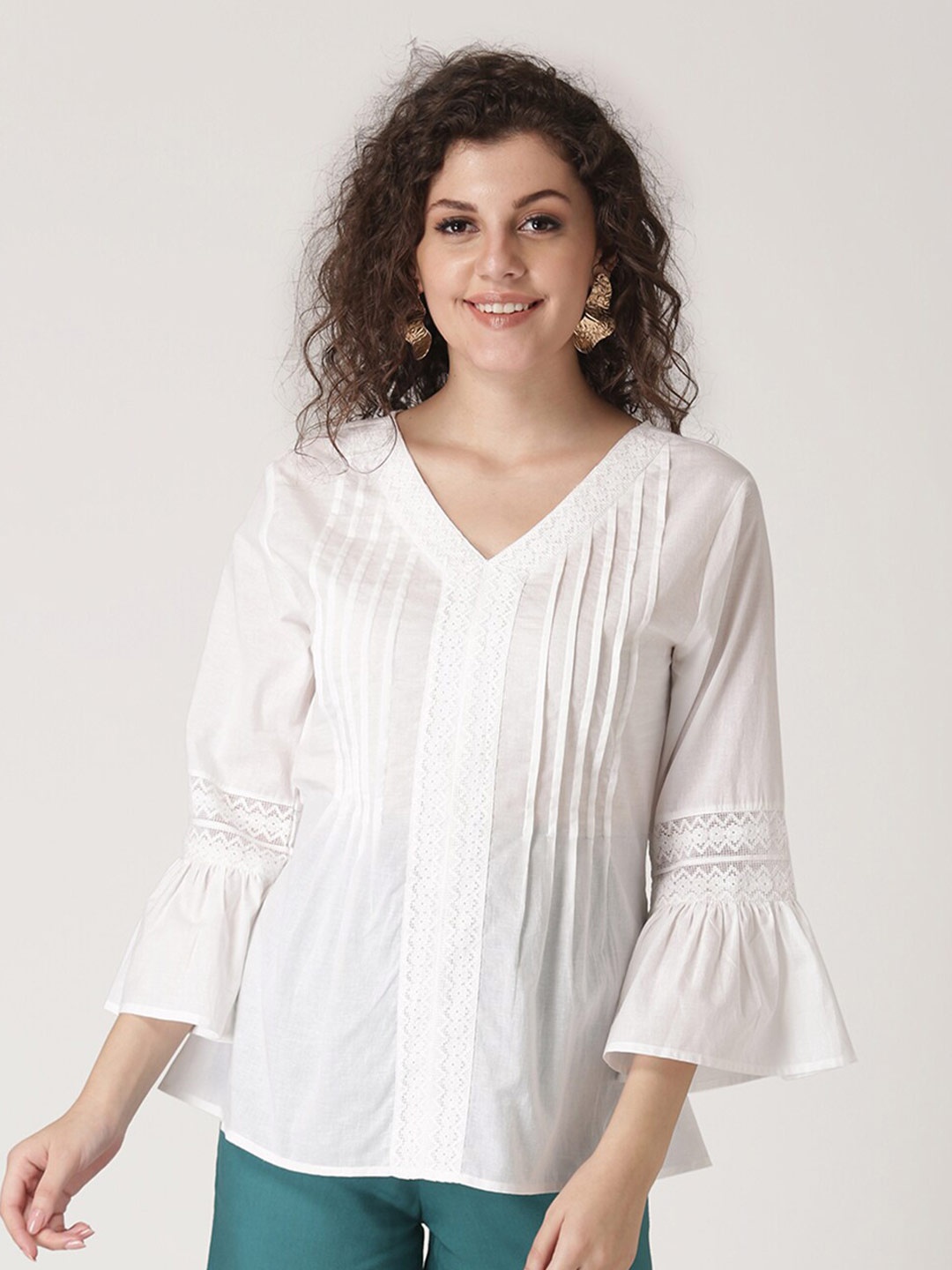 

DressBerry White Solid Pleated V neck Bell Sleeves Pure Cotton Top