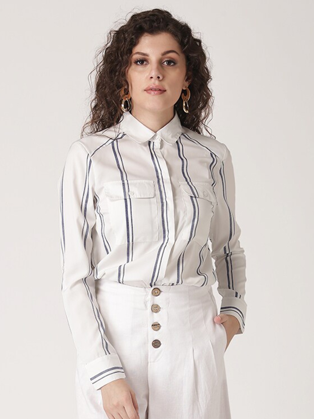 

DressBerry White Striped Shirt Style Top