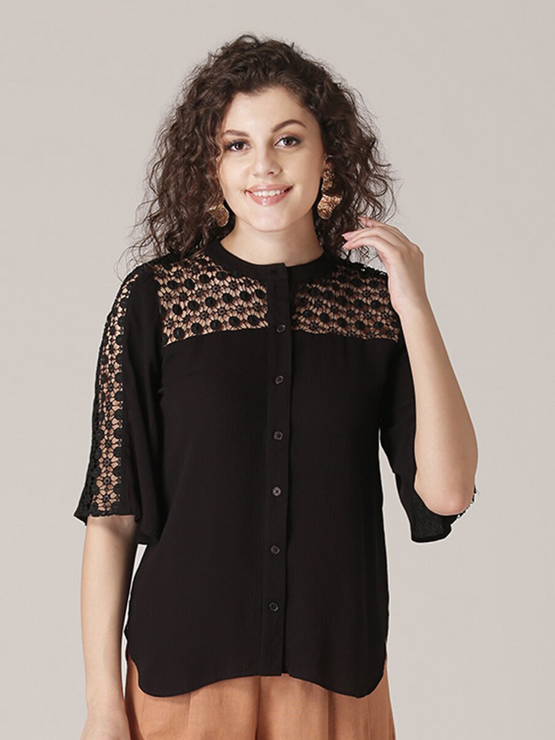 

DressBerry Women Black Mandarin Collar Shirt Style Top