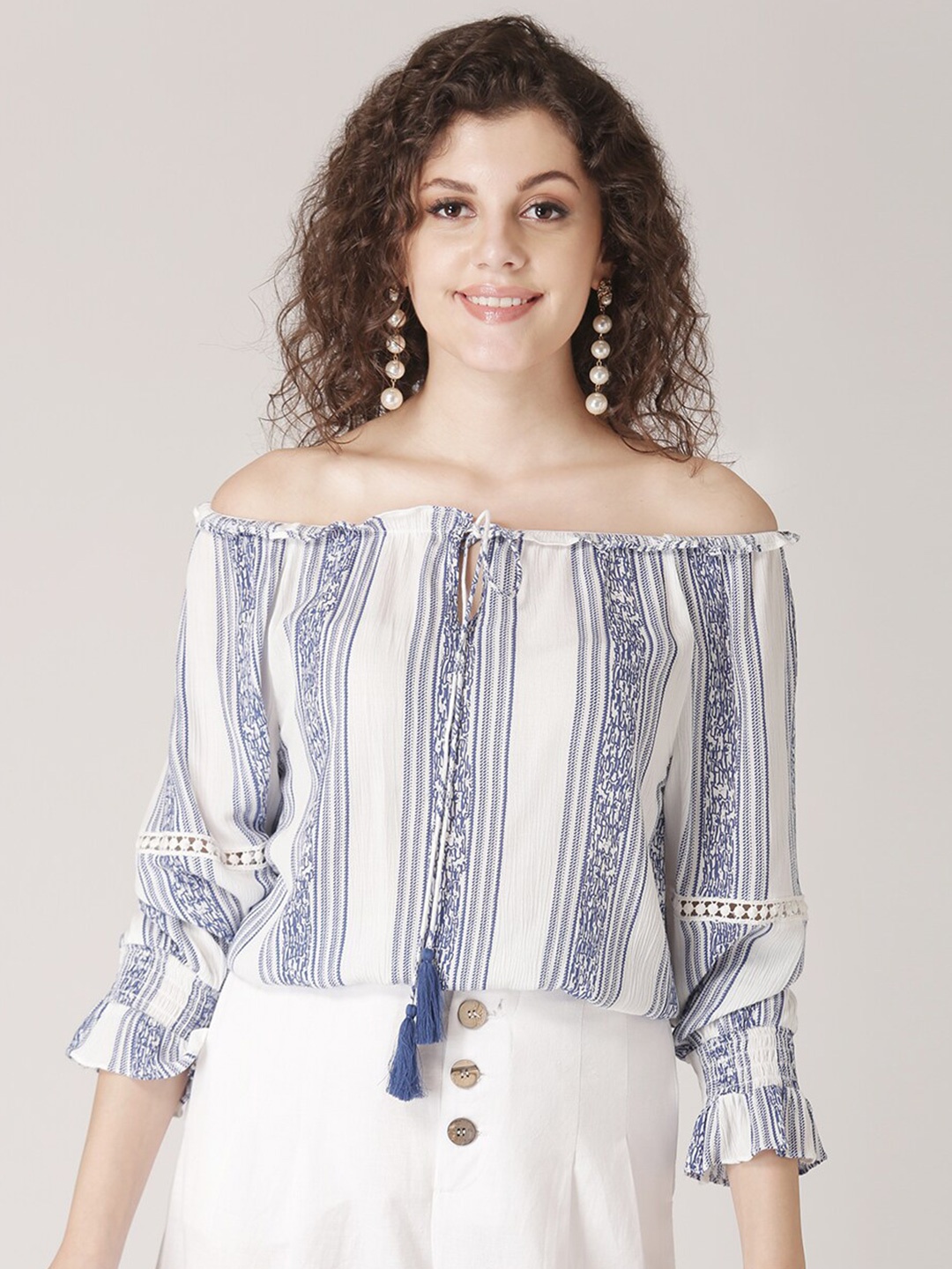 

DressBerry Women Blue Striped Off-Shoulder Bardot Top