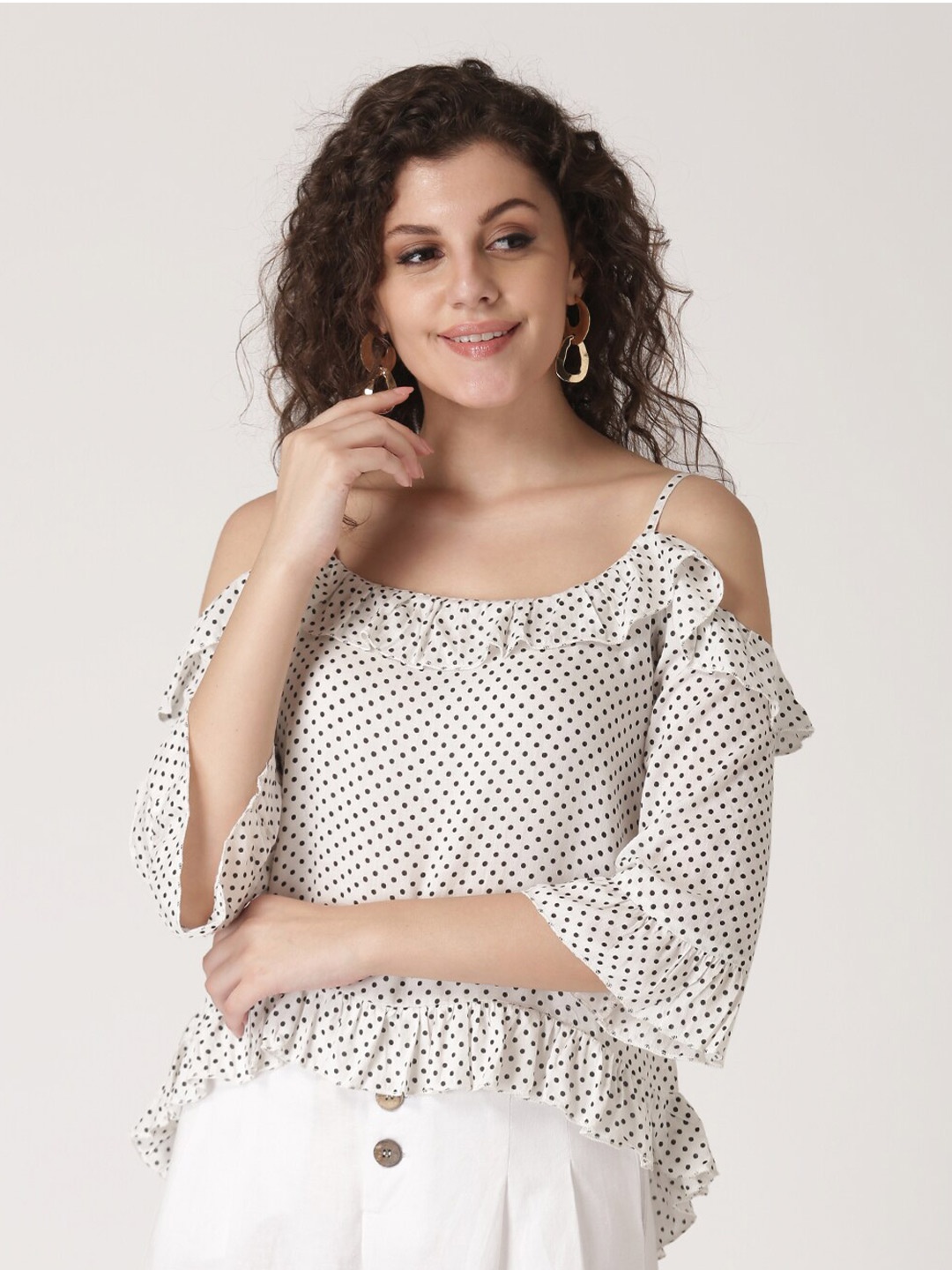 

DressBerry Women White & Black Polka Dots Printed Ruffles Top