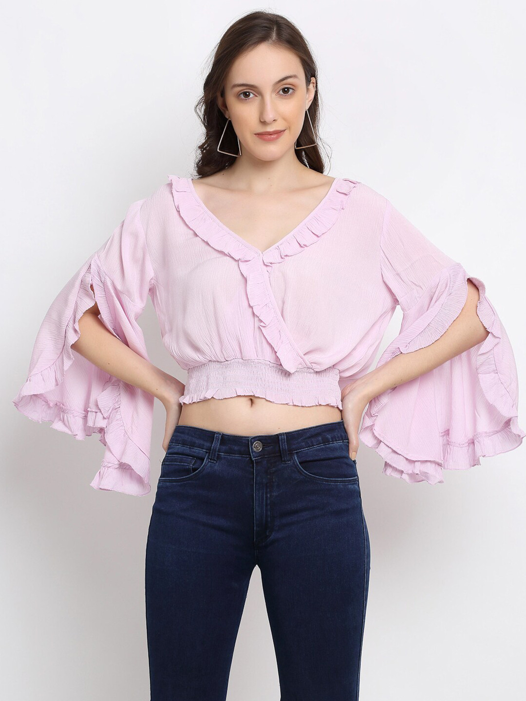 

DressBerry Women Pink Solid Smocking Blouson Crop Top